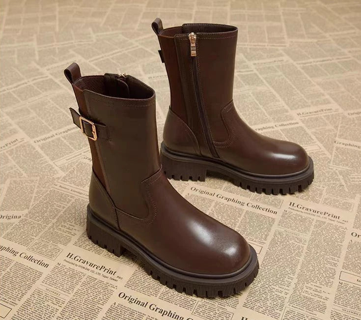 Women's Half High Boots Round Toe Chelsea Ladies Mid Calf Shoes Middle Heel Brown Footwear Spring Autumn Sale Gothic Demi-season