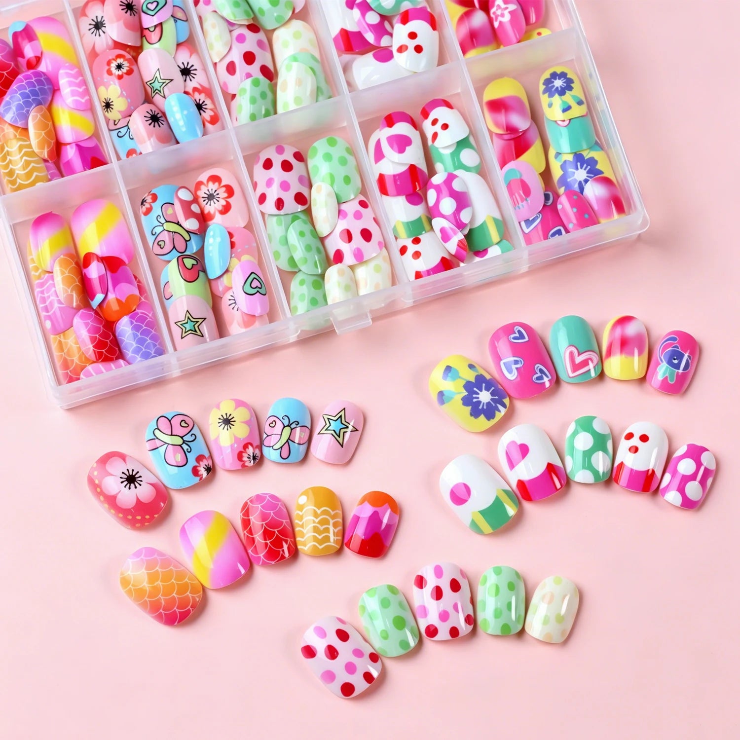 120pcs Square Round Flower Polka Dots Child False Nails Candy Color Mermaid Fish Scales Kids Press On Nails Pink Wearable Nails