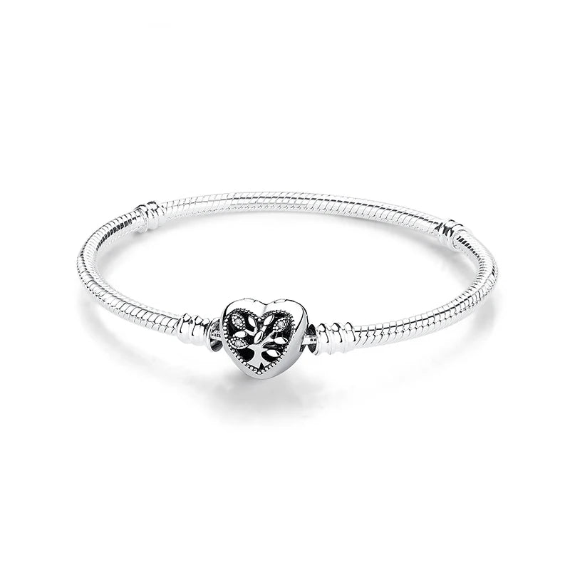 Original 925 Sterling Silver Bracelets Bangles Love Heart Clip Charms Beads Snake Chains For Women Rose Gold DIY Luxury Jewelry