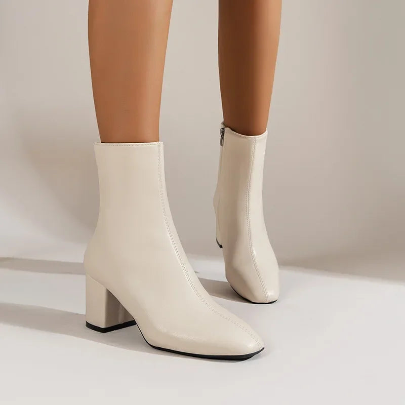 White Ankle Boots for Women 2024 New Side Zipper Stretch Middle Heel Large Size Short Boot Fashion Pointed Shoes Botas De Mujer