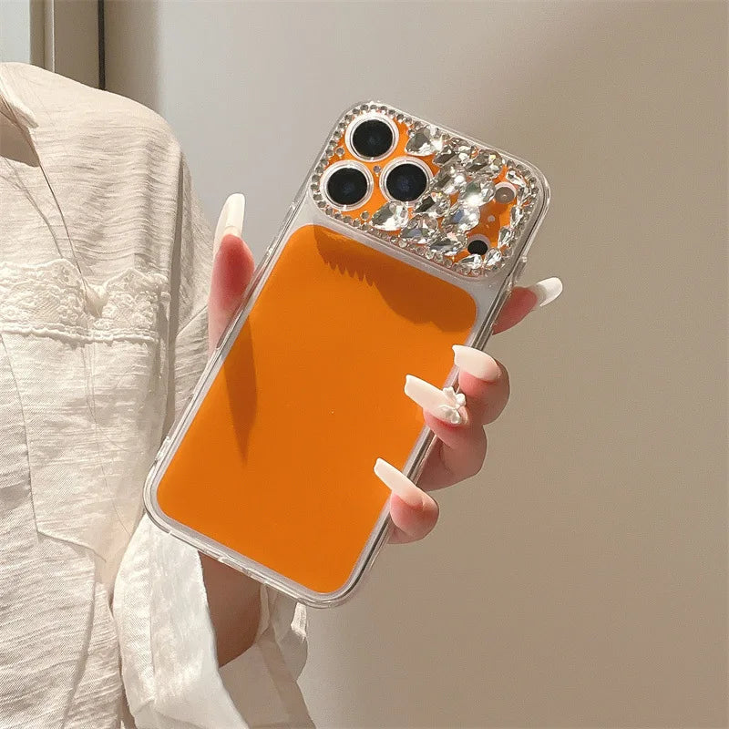 Luxury Sparkling Rhinestone Decoration Camera Frame Large Window Phone Case For iPhone 17 13 14 15 16 Pro Max Shockproof Cover
