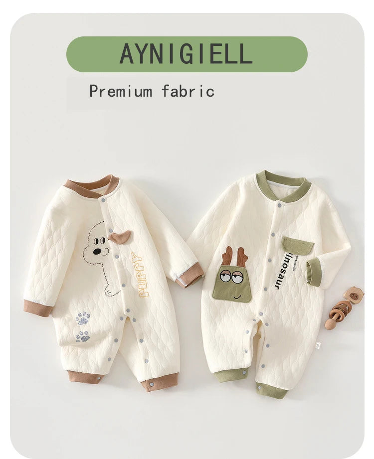 Baby Jumpsuit, Autumn Thick Cotton Jacket, Three-layer Warm Clothes for Newborns 0-18 Months Crawling Clothes for Young Children