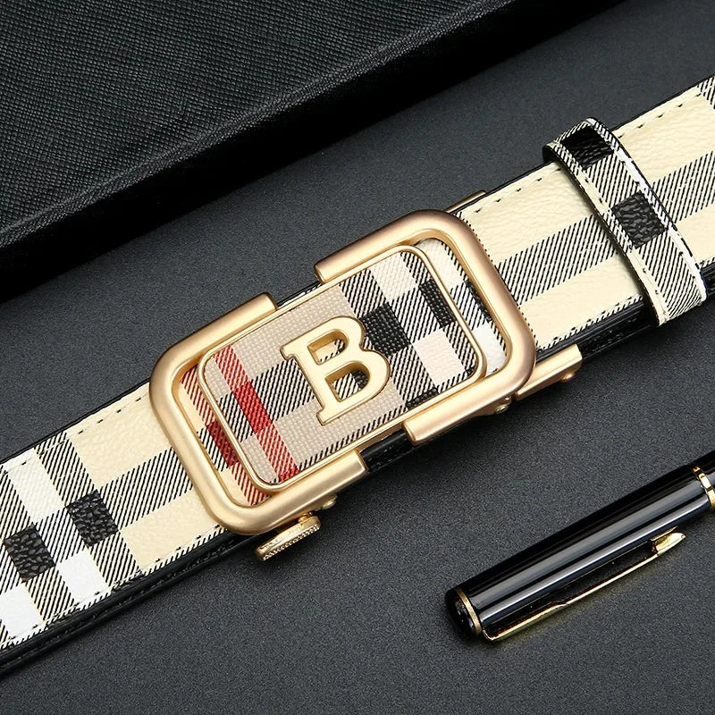 Trendy Plaid B Letter Automatic Buckle Belt for Men Premium Quality Fashionable Business Style Versatile Home Use