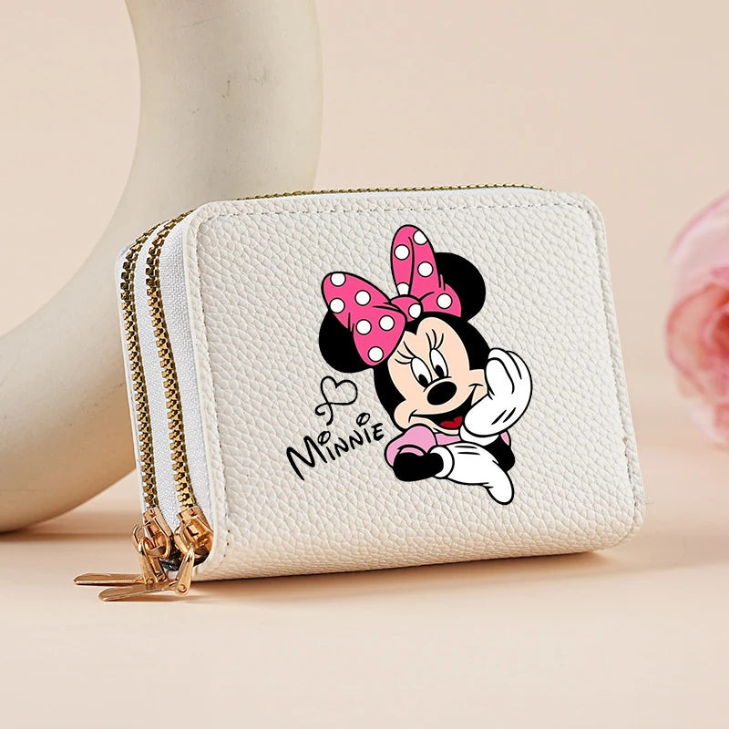Mickey Minnie Women's Double Zipper Wallet Lychee Pattern Fashion Short Credit Card Holder with Large Capacity Coin Purse