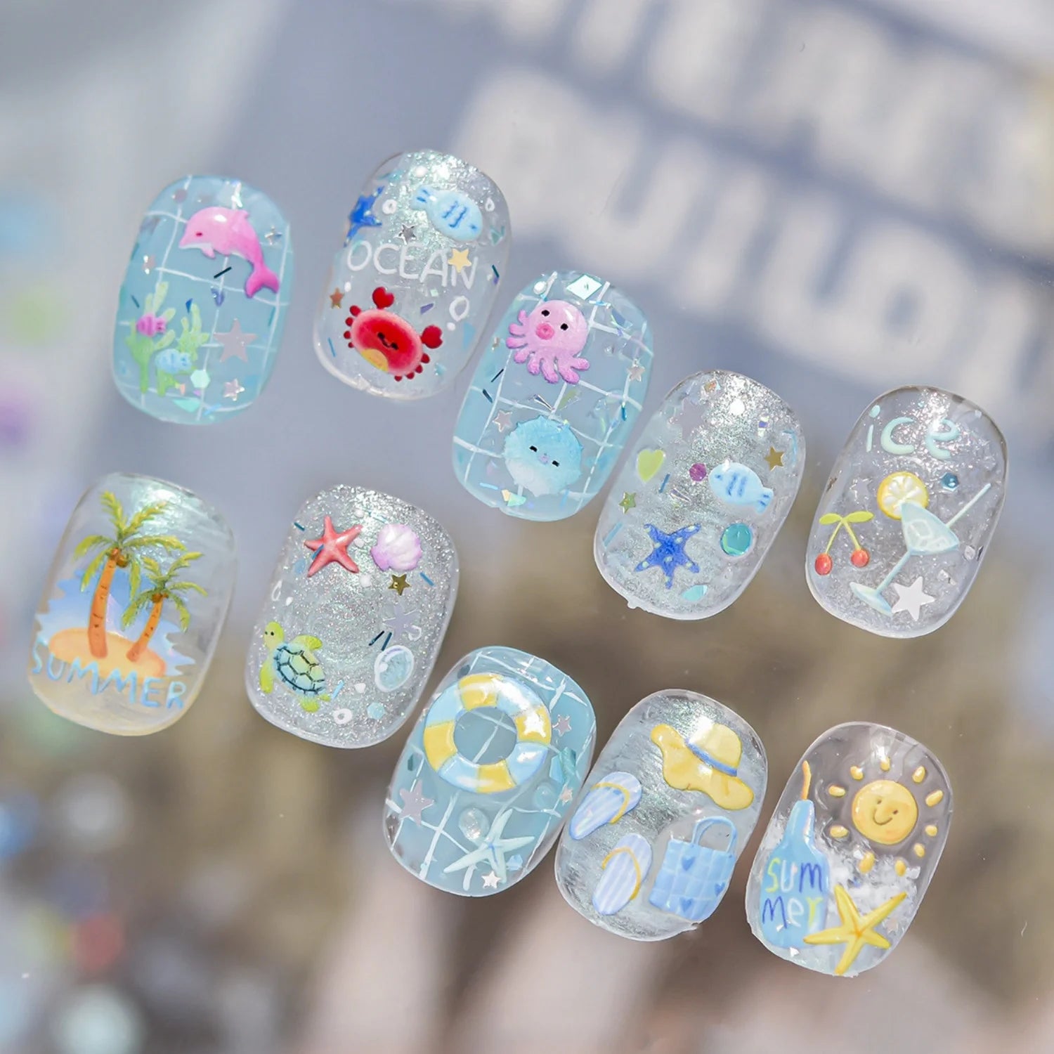 5D Fresh Summer Vacation Nail Sticker Coconut Tree Tropical Fruit Ice Cream Swim Ring Sunglasses Seaside Holiday Nail Art Decal