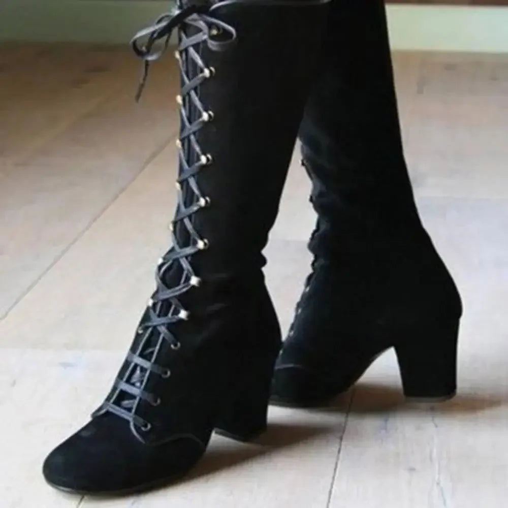 2024 Black boots women Shoes  knee high Women Casual Vintage Retro Mid-Calf Boots Lace Up Thick Heels Shoes