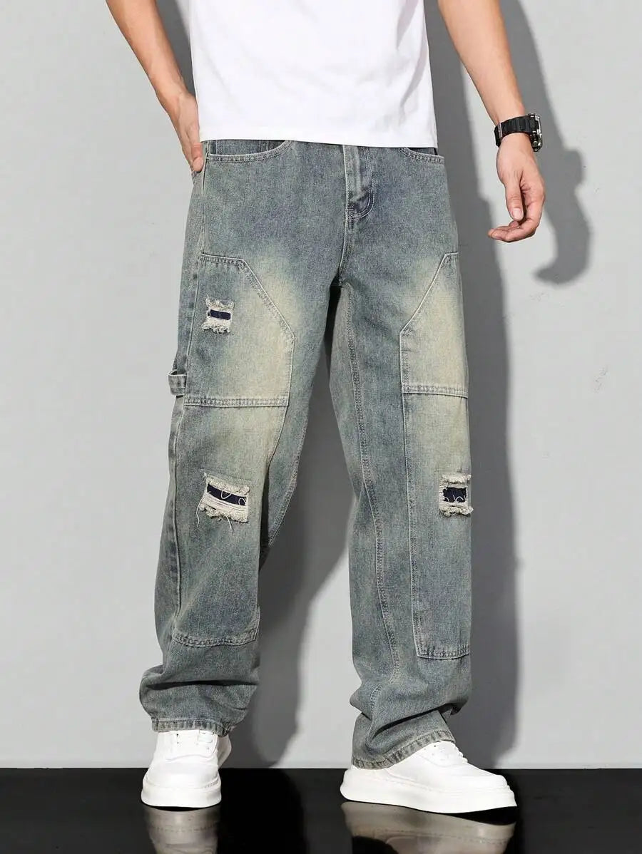 Men's Casual Denim Jeans Spring Autumn Winter Straight Leg Loose Fit Long Pants Double Belt Hole Pocket Daily Wear
