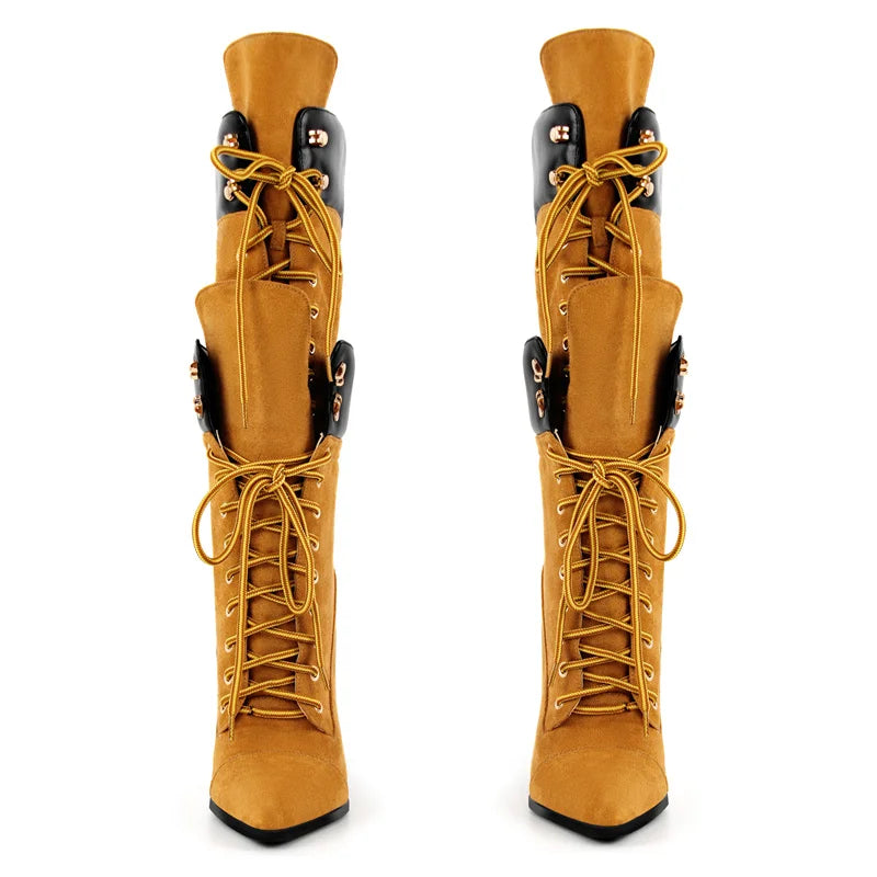 Onlymaker Women Pointed Toe Double Stiletto High Heel Lace Up Mid-Calf Boots