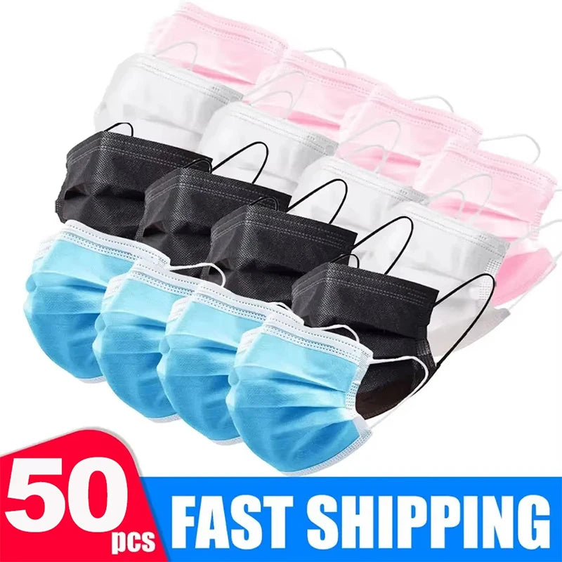 50Pcs 3-layer Mask Face Masks Melt Blown Cloth Disposable Safety Anti-Dust Protective Masks Blue Adults Non-wove Masque