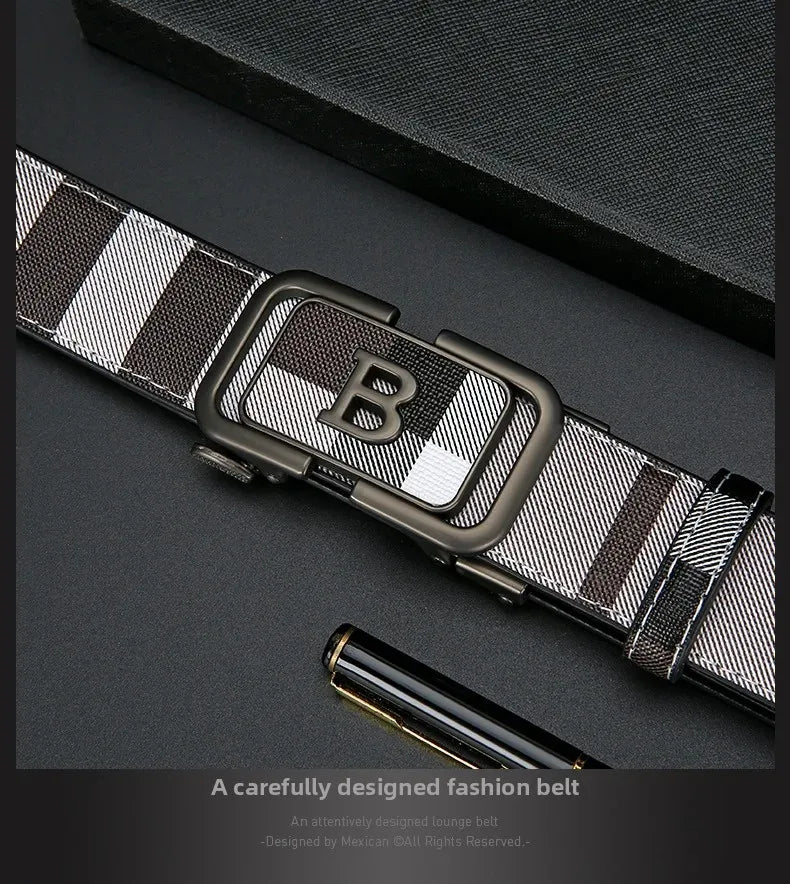 Trendy Plaid B Letter Automatic Buckle Belt for Men Premium Quality Fashionable Business Style Versatile Home Use