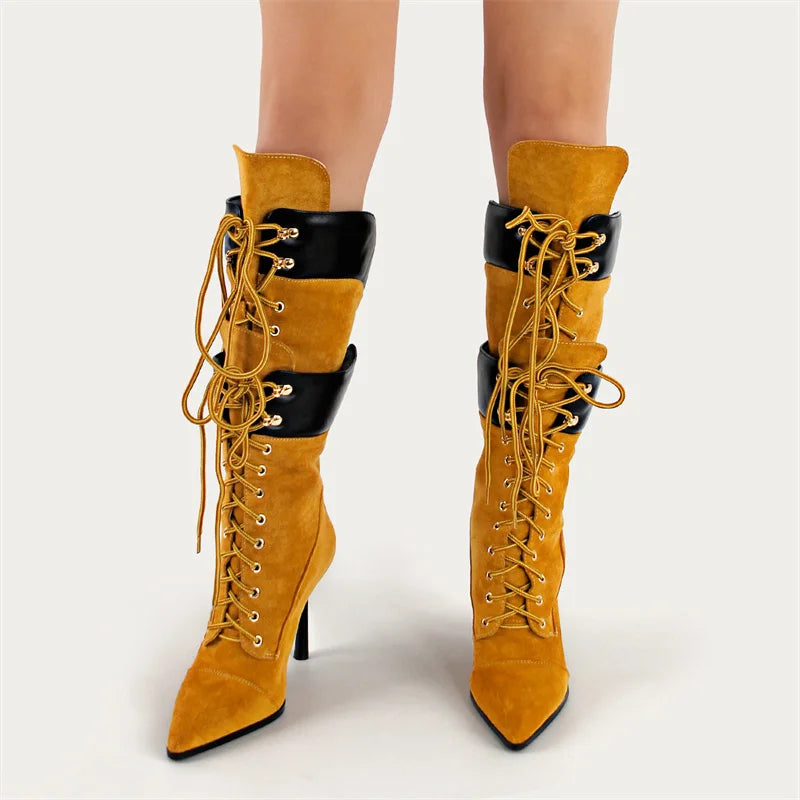 Onlymaker Women Pointed Toe Double Stiletto High Heel Lace Up Mid-Calf Boots