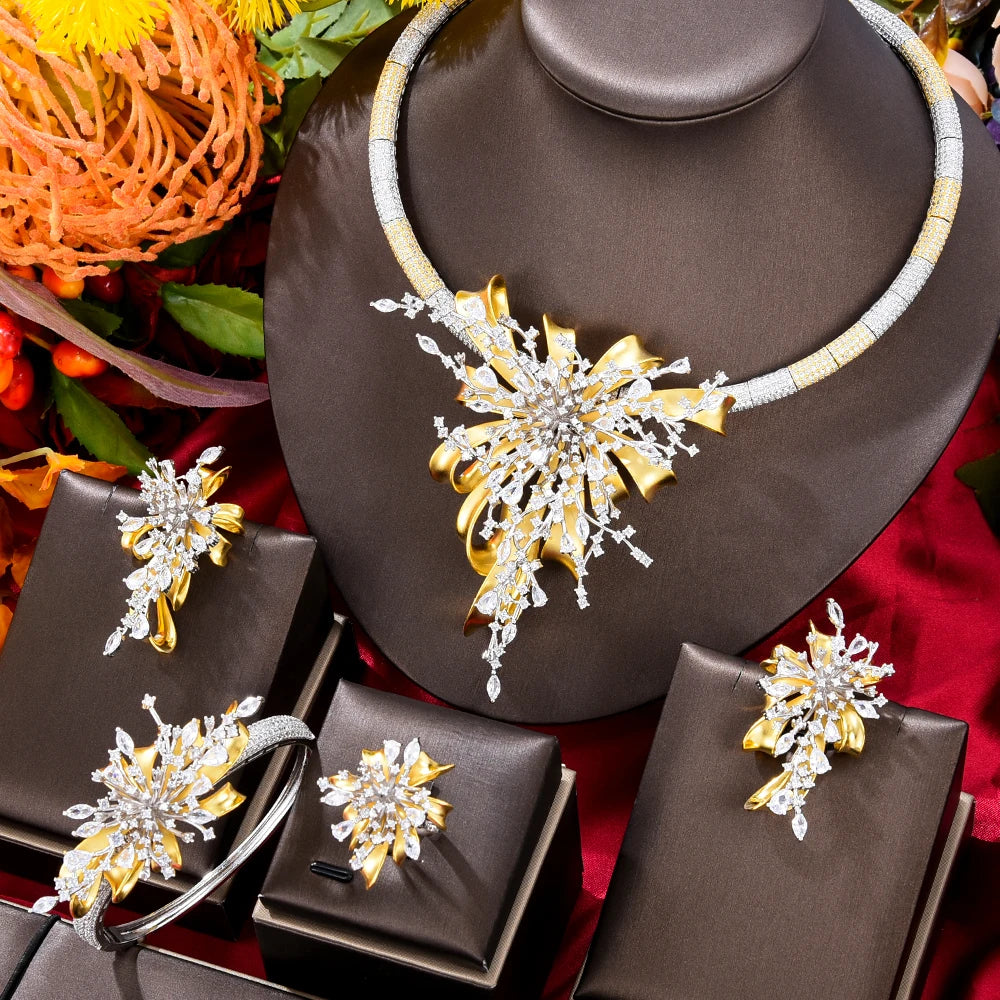 GODKI Famous Brand 4PCS Bicolor Flower African Jewelry Set For Women Wedding Party Zircon Crystal Dubai Bridal Jewelry Set Gift