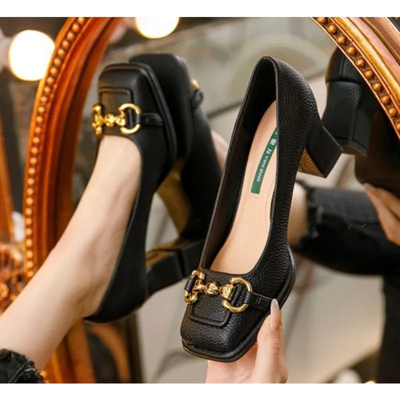 Women's Mid-heel Pumps 2025 Summer French Style Back Empty Female Thick Heel Square Toe Mary Jane Shoes Black Green Talon Femme