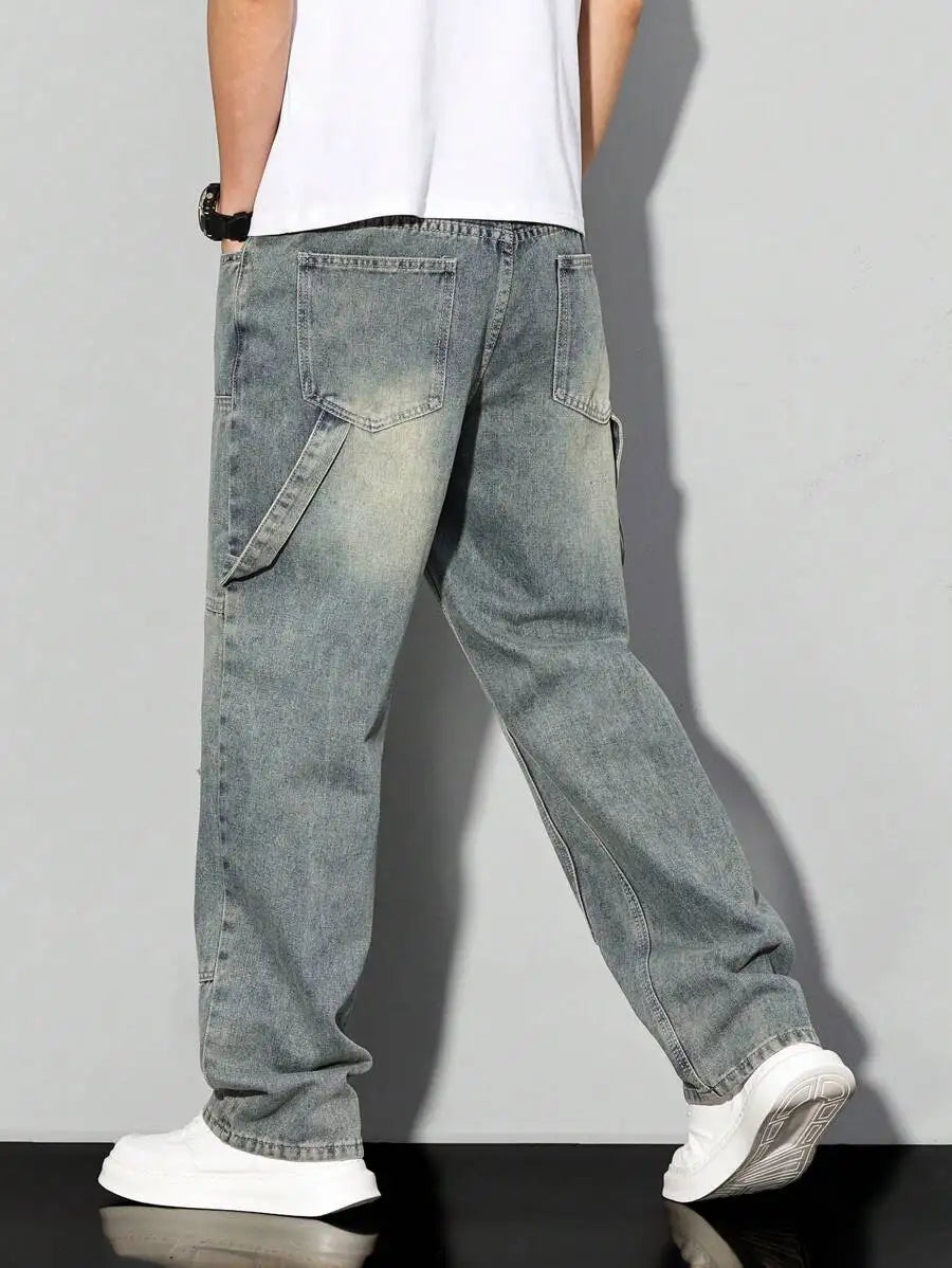 Men's Casual Denim Jeans Spring Autumn Winter Straight Leg Loose Fit Long Pants Double Belt Hole Pocket Daily Wear