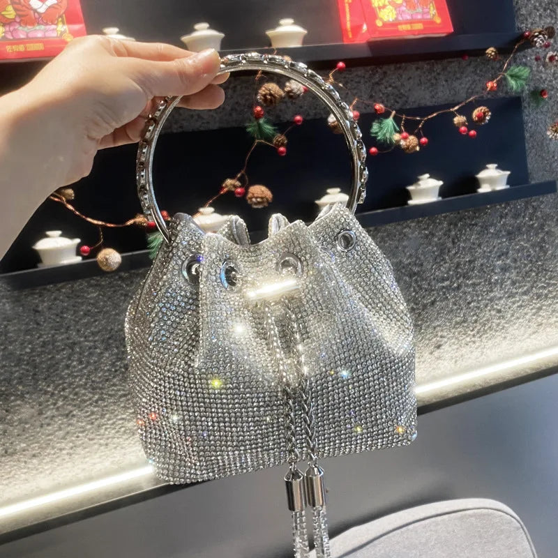 silver clutch bag Luxury Designer Women's Barrel Sparkling Rhinestone Banquet Bag Tassel wallet woman party High Quality Chain