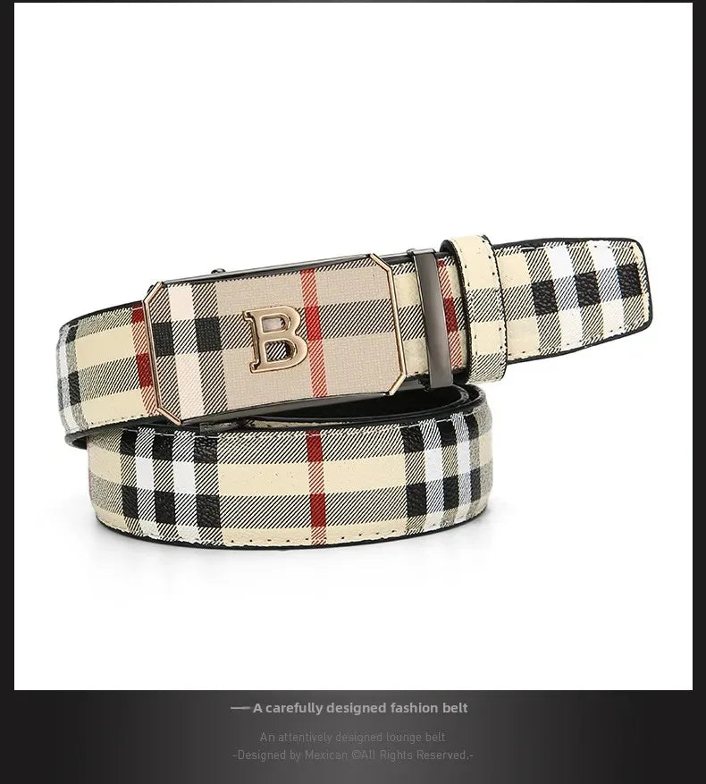 Trendy Plaid B Letter Automatic Buckle Belt for Men Premium Quality Fashionable Business Style Versatile Home Use