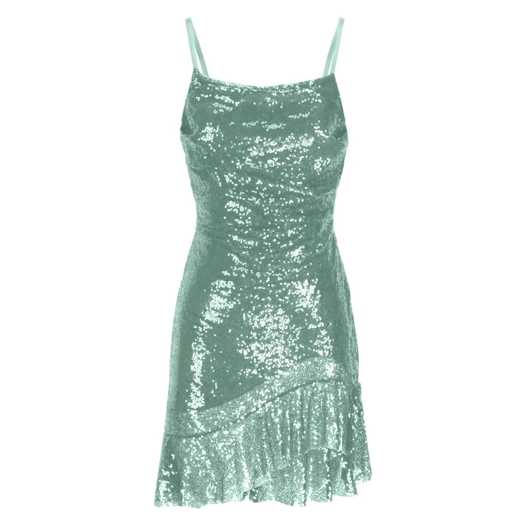 Sexy Slim Fitting Fashion Solid Color Sequin Back Cross Tie Ruffle Edge Sleeveless Suspender Irregular Hem Pleated Party Dress