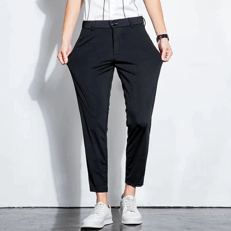Summer Stretch Suit Pants Men Thin Business Solid Color Slim Ankle-Length Casual Formal Office Trousers