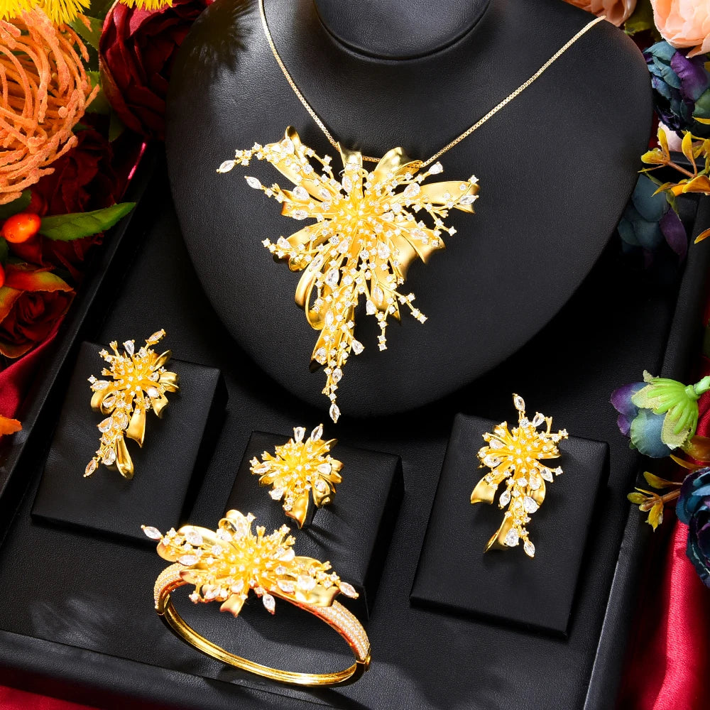GODKI Famous Brand 4PCS Bicolor Flower African Jewelry Set For Women Wedding Party Zircon Crystal Dubai Bridal Jewelry Set Gift