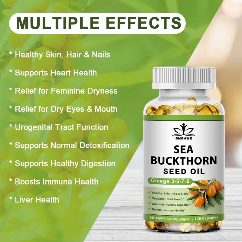 Organic Omega-7 Sea Buckthorn Seed Oil Capsule for Heart, Immune Support, and Intestinal Health, Healthy Skin, Hair and Nails