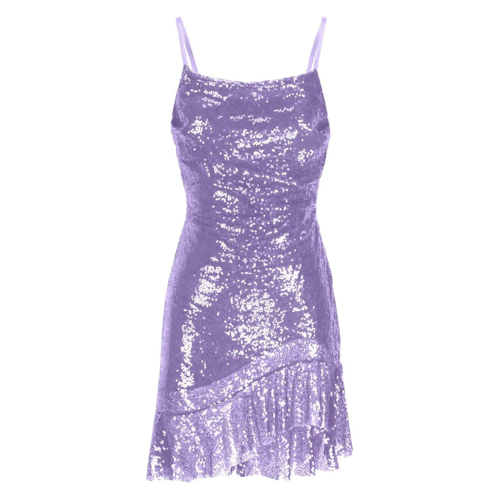 Sexy Slim Fitting Fashion Solid Color Sequin Back Cross Tie Ruffle Edge Sleeveless Suspender Irregular Hem Pleated Party Dress
