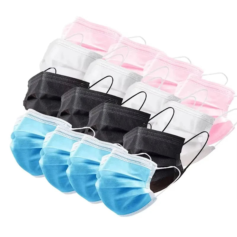 50Pcs 3-layer Mask Face Masks Melt Blown Cloth Disposable Safety Anti-Dust Protective Masks Blue Adults Non-wove Masque