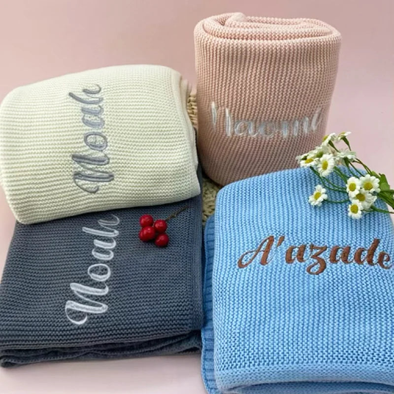 Personalized Embroidered Name Knitted Cotton Blanket Stroller Cover Kids Nap Blanket for Newborn Baby Shower Gift
