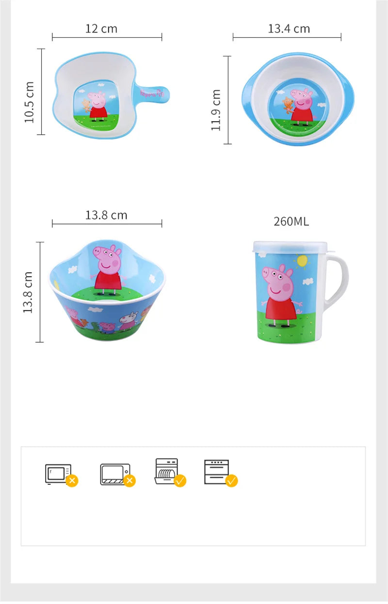 For Peppa Pig Tableware Cartoon Salad Bowl Anti-Fall Dining Plate Cup Spoon Baby Eating Double-ear Bowl Food-grade Divided Plate