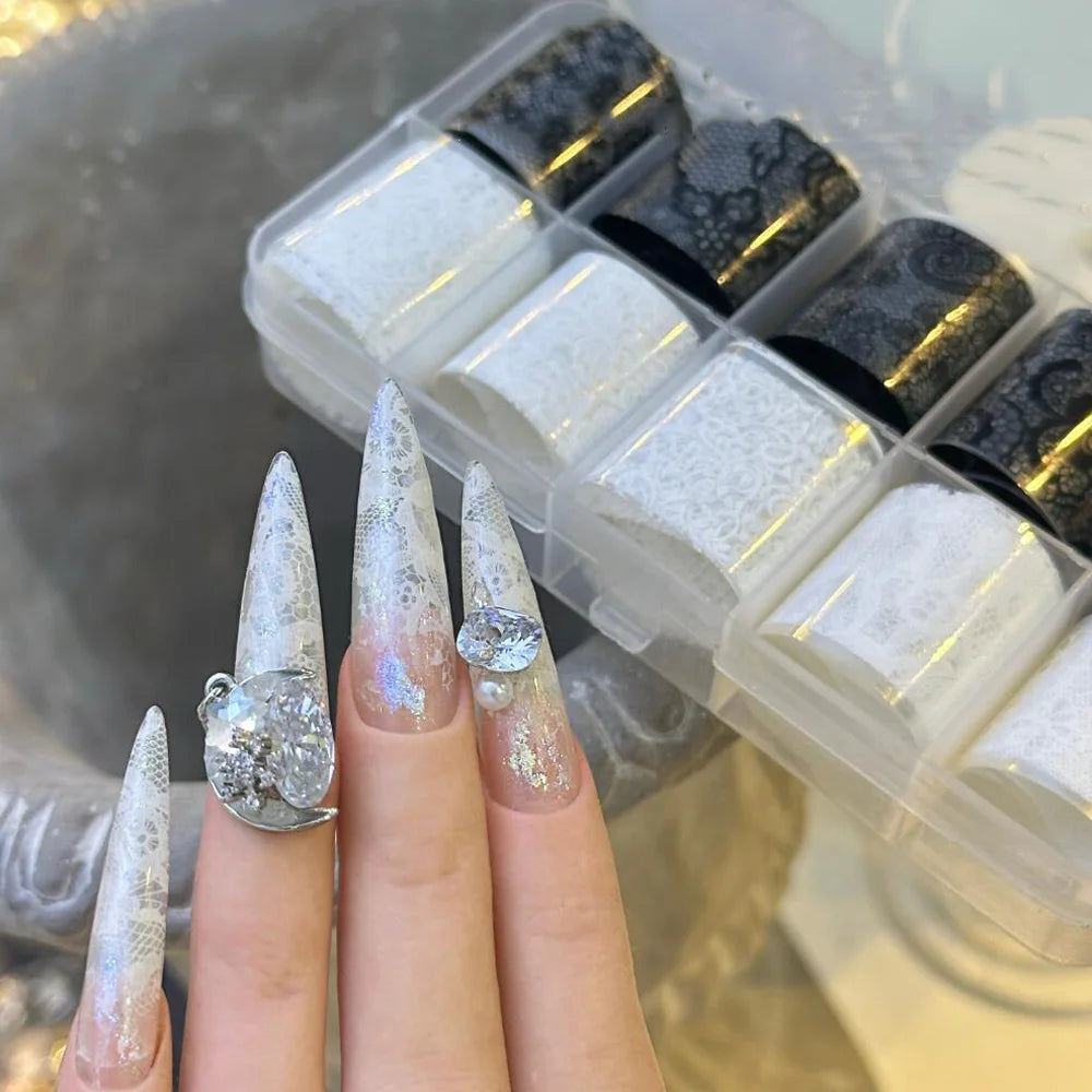 10 Rolls 2.5*50cm Sexy Lace Nail Foils Black White Transfer Paper Nail Art Stickers Stripe Lace Manicure Decals Nail Decorations