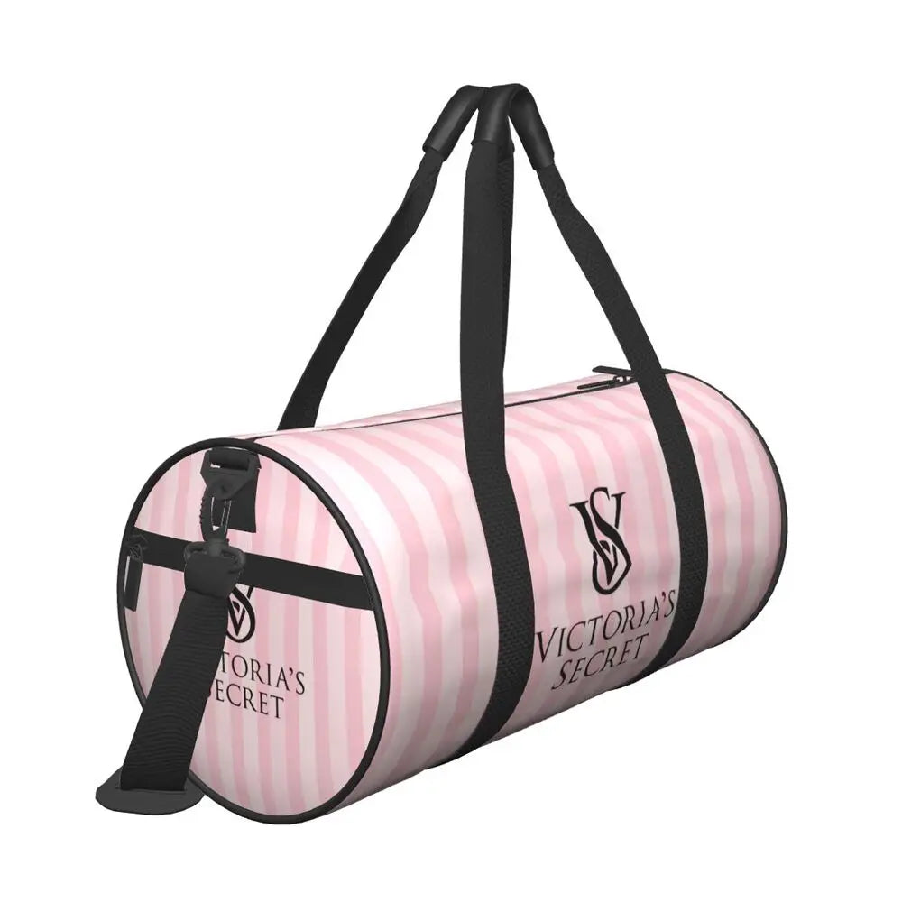 Pink White Stripe Round Capacity Travel Duffel Bag Male Female Large-Capacity Hand Luggage Sports Fitness Bag Travel Package