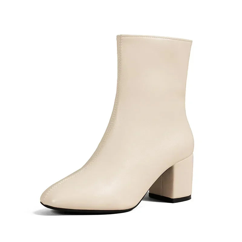 White Ankle Boots for Women 2024 New Side Zipper Stretch Middle Heel Large Size Short Boot Fashion Pointed Shoes Botas De Mujer