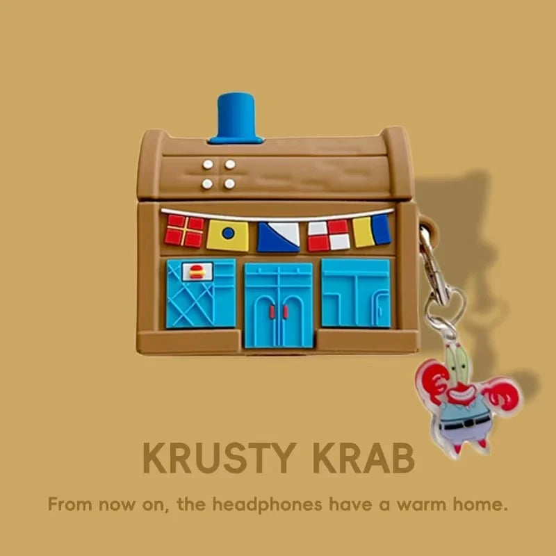 For AirPods 4 3 2 1 Pro Pro2 Earphone Case 3D SpongeBob Krusty Krab Cartoon Silicone Protective Headphone Box With Pendant Cover