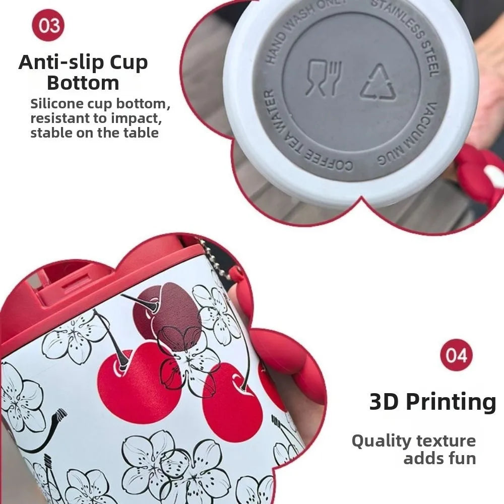 500ML 316 Stainless Steel Straw Cup Insulation or Cooling Strawberry Fruit Print Insulated Cup with Flower Pendant
