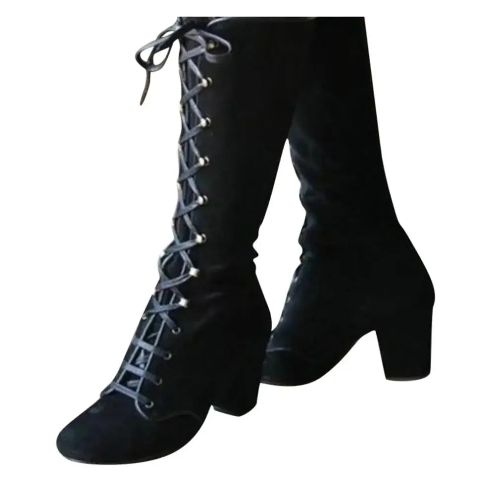 2024 Black boots women Shoes  knee high Women Casual Vintage Retro Mid-Calf Boots Lace Up Thick Heels Shoes