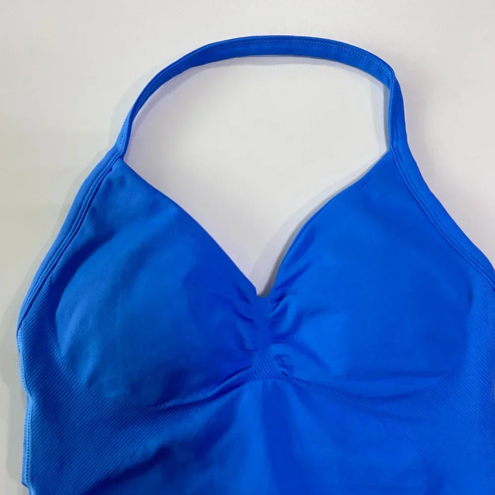 2 Pieces Sports Set Women Backless Tank Tops High Waist Scrunch Seamless Shorts Sport Suit Gym Set Sportswear Workout Set