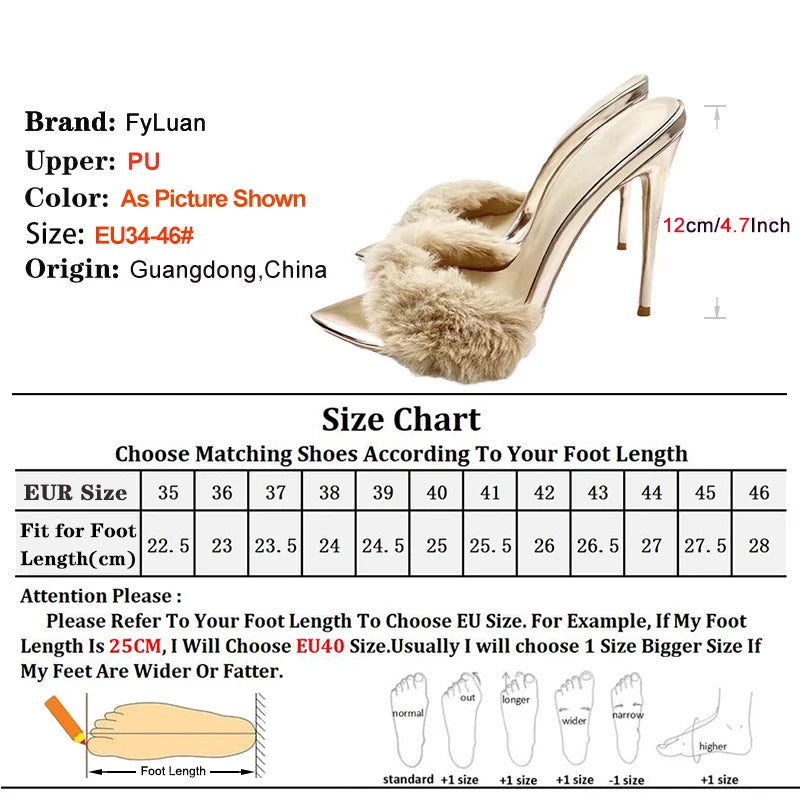 Summer 12CM Ladies Slippers Faux Fur Sexy Peep Toe Pointy Toe Women Shoes Slip-On Plus Size 46 Model Runway High Heel Sandals