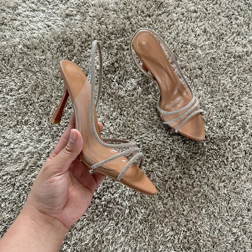 2025 Women Summer Rhinestone Slingback Pumps Office Lady Transparent Heeled Sandals Elegant Pointed Toe Female Sexy High Heels