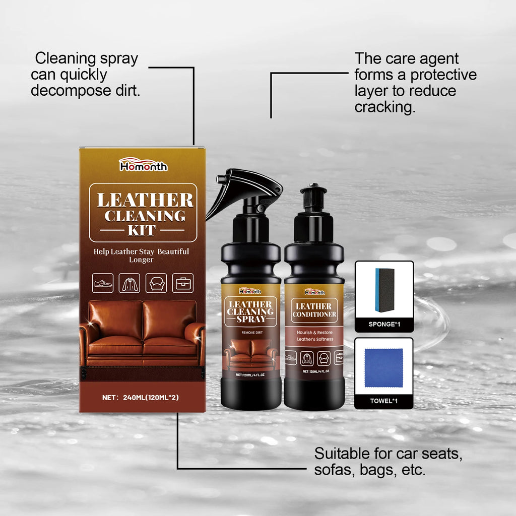 Leather Cleaner Conditioner Kit  Care Set Deep Spray Nourishing Cream Restores Softness Shine Prevents Cracking Includes Sponge