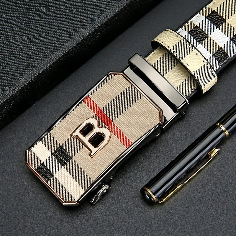 Trendy Plaid B Letter Automatic Buckle Belt for Men Premium Quality Fashionable Business Style Versatile Home Use