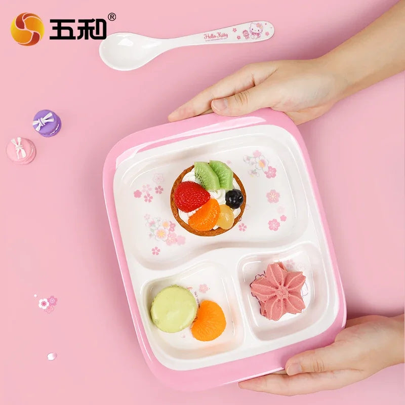 For Cherry Blossom Hello Kitty Tableware Baby Complementary Food Bowls BPA-Free Dining Plates Rice Bowl Cartoon Divided Plates