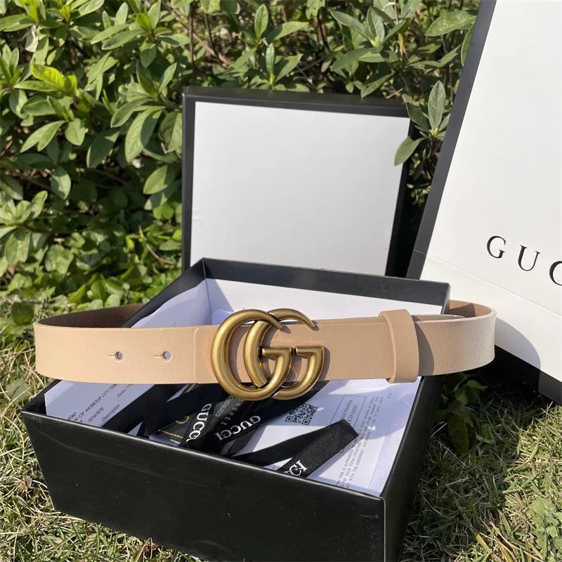 Pure Cowhide Leather Ladies Belt Antique Letter G Casual Retro Style Fashionable All-Match Width 2-4cm Alloy Buckle Fastener