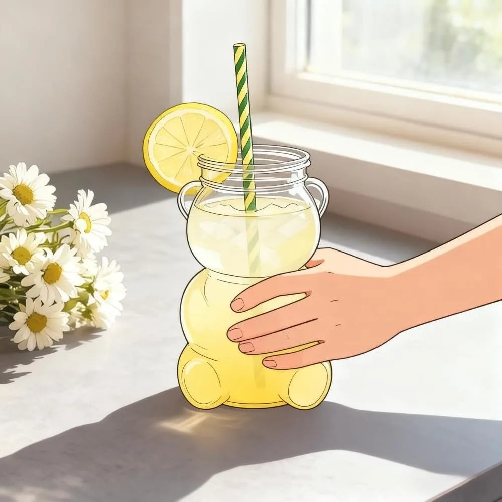 Cute 2025 Bear Glass Cup Transparent Large Capacity Glass Cup with Straw With Lid Bear Straw Cup Home Bar