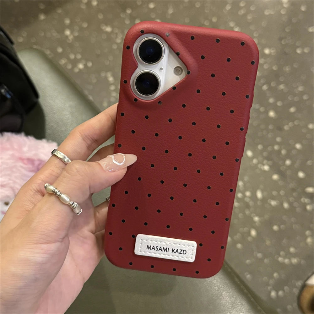 Korean Cute Love Heart Shape Camera Dots Leather Case For iPhone 17 Air 16 Pro 15 14 13 12 Pro Max Japan Kawaii Girl Soft Cover