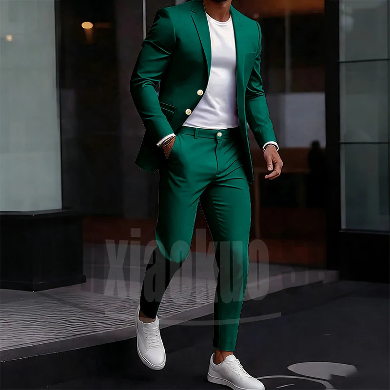 Men's Light Green Suit Set Single Breasted Casual Stylish Wear for Daily Party Fashion Solid Color Formal Male Suit 2 Piece