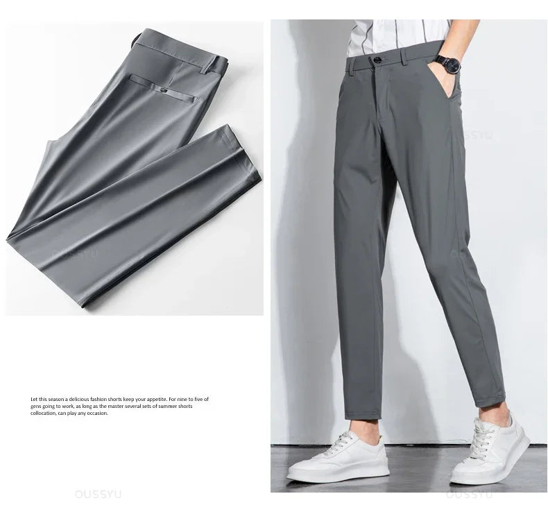 Summer Stretch Suit Pants Men Thin Business Solid Color Slim Ankle-Length Casual Formal Office Trousers