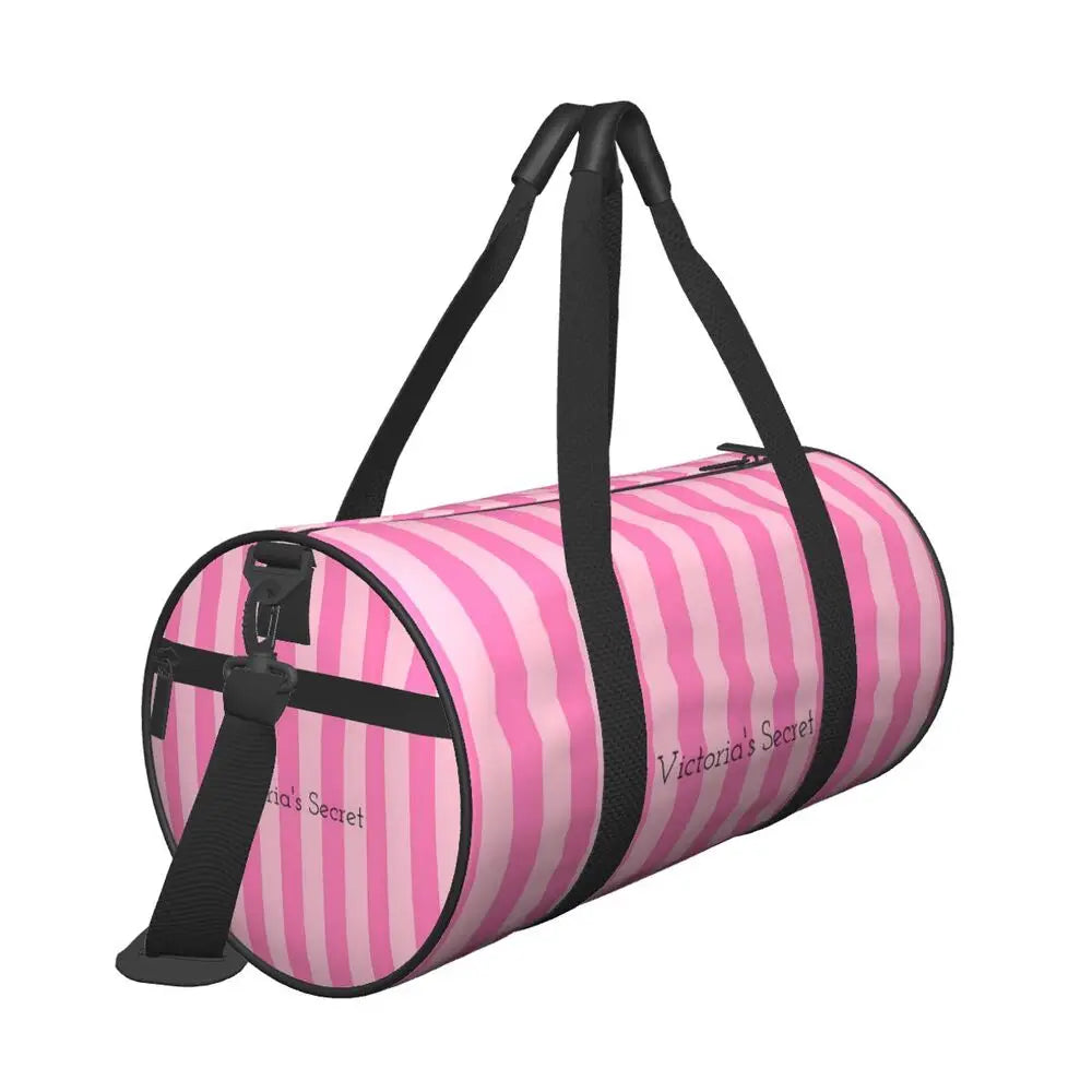 Pink White Stripe Round Capacity Travel Duffel Bag Male Female Large-Capacity Hand Luggage Sports Fitness Bag Travel Package