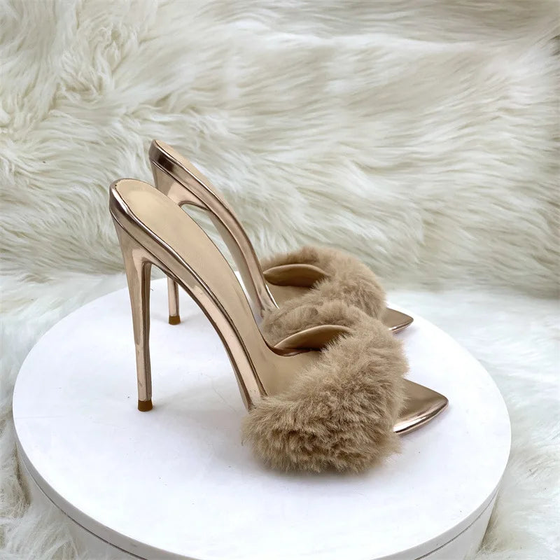 Summer 12CM Ladies Slippers Faux Fur Sexy Peep Toe Pointy Toe Women Shoes Slip-On Plus Size 46 Model Runway High Heel Sandals