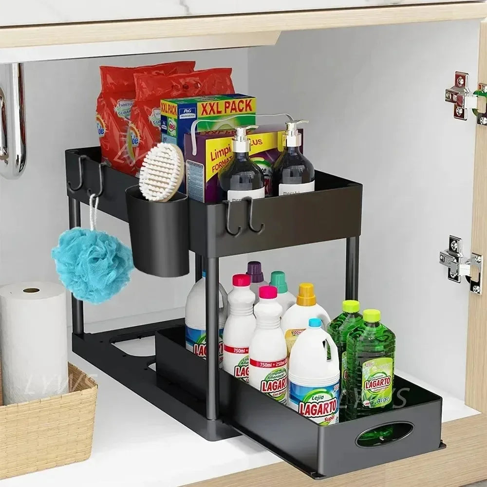 Hot-selling 2-Tier Kitchen Storage Rack Pull-Out Sliding Cabinet Basket Storage Shelf Bathroom & Kitchen Organizer