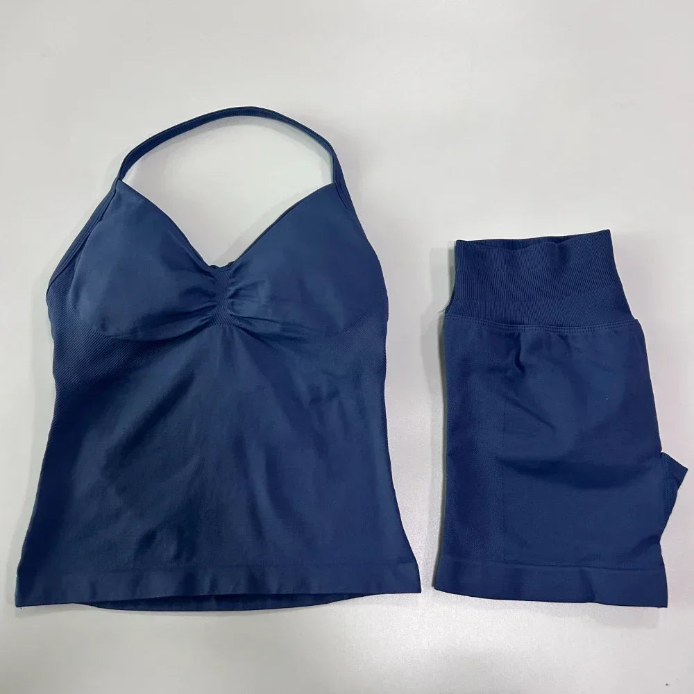 2 Pieces Sports Set Women Backless Tank Tops High Waist Scrunch Seamless Shorts Sport Suit Gym Set Sportswear Workout Set