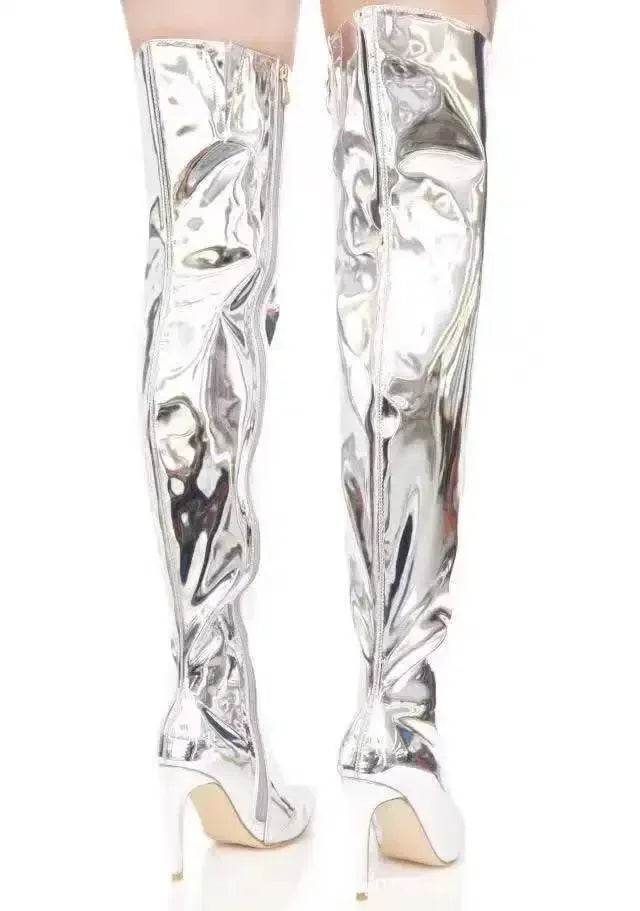 over the knee punk boots Women Boots Mirror Platform Pointy Toe with shiny silver finish and high heels